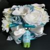 Abbie Home Dusty Blue Calla Lily White Dahlia Cascading Bridal Bouquets - Silk Flowers for Beach Wedding with Ribbon and Lace Dcor (A Cascading Bouquet) view 3