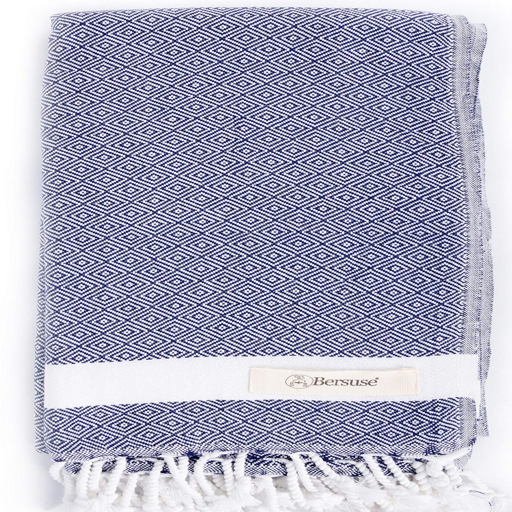 Bersuse 100% Cotton Laodicea Turkish Towel Bath Towel Beach Towel Pool Towel - Beach Essentials for Your Beach Bag - 37x70 Inches, Dark Blue (Set of 6)