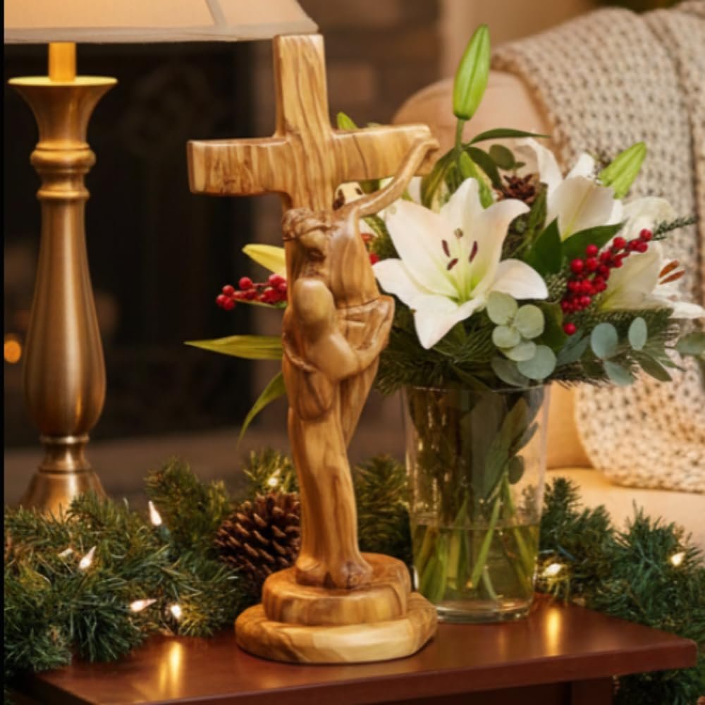 Bethlehem Handicrafts Abstract Olive Wood Statue of Saint Francis of Assisi Embracing The Crucified Christ