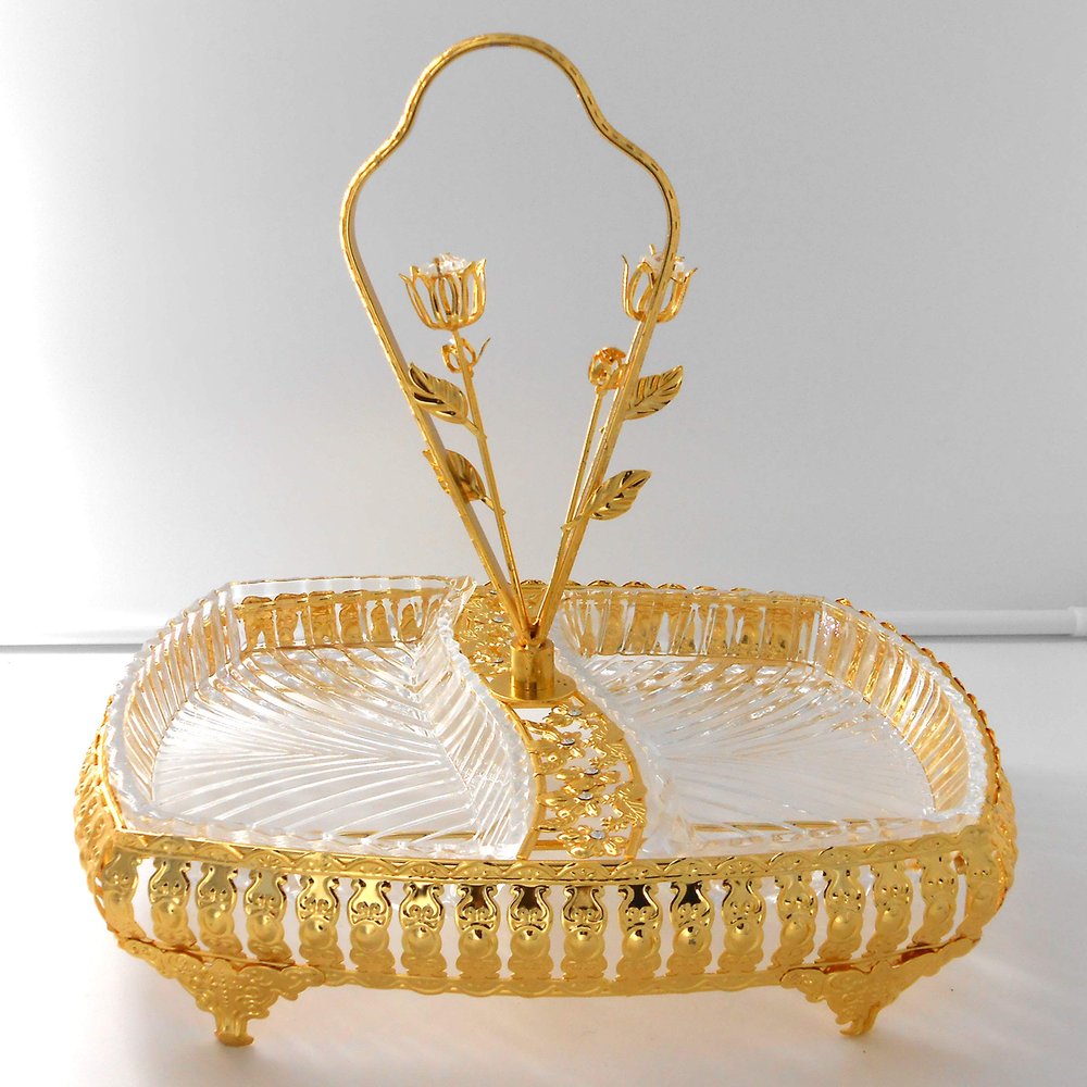 2-Tier Candy or cookies dish, Glass & Gold metal with handle/Home Decorative
