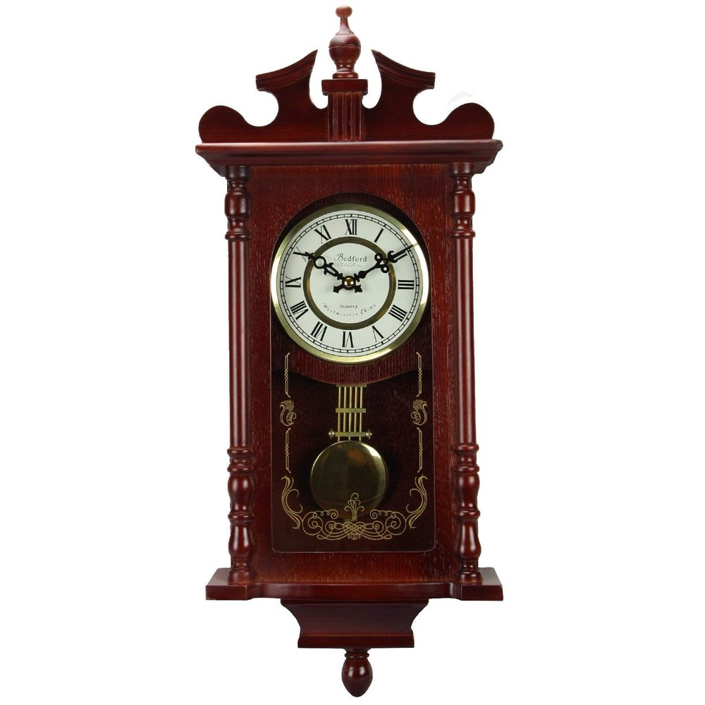 MISC 24h Chiming Wall Clock 25 inch Cordless Hourly Wallclock Royal Swinging Pendulum Chimes Tiny Antique, Brass Glass Wood