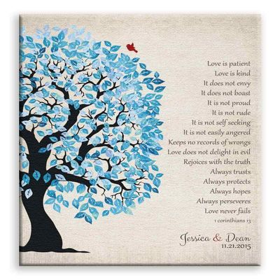 11x14 Mounted Canvas Art Print - 1 Corinthians 13, Blue and White Wedding Tree, Anniversary Gift - With Gift Wrapping LTC-C1280