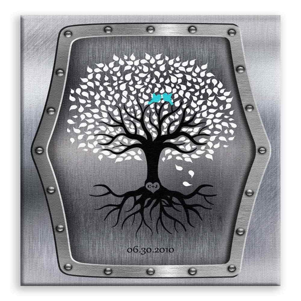 11x14 Mounted Canvas Art Print - 11th Anniversary Personalized Wedding Tree Faux Steel Background - With Gift Wrapping LTC-C1374