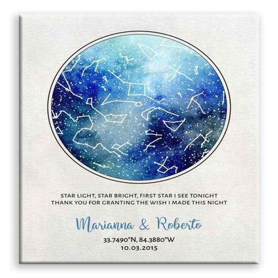 11x14 Mounted Canvas Art Print - 10 Year Anniversary, Custom Star Map, Tin Anniversary, Constellation Art, Wedding Day, Night Sky - With Gift Wrapping LTC-C1750