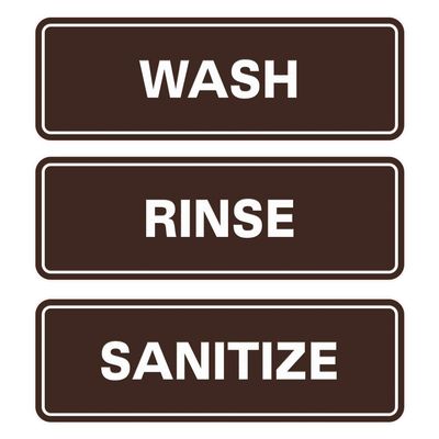 All Quality Standard WASH RINSE SANITIZE Set of 3 Bay Sink Signs - Dark Brown (Large) - Easy to Install - Restaurant & Commercial Kitchen Sink Signs