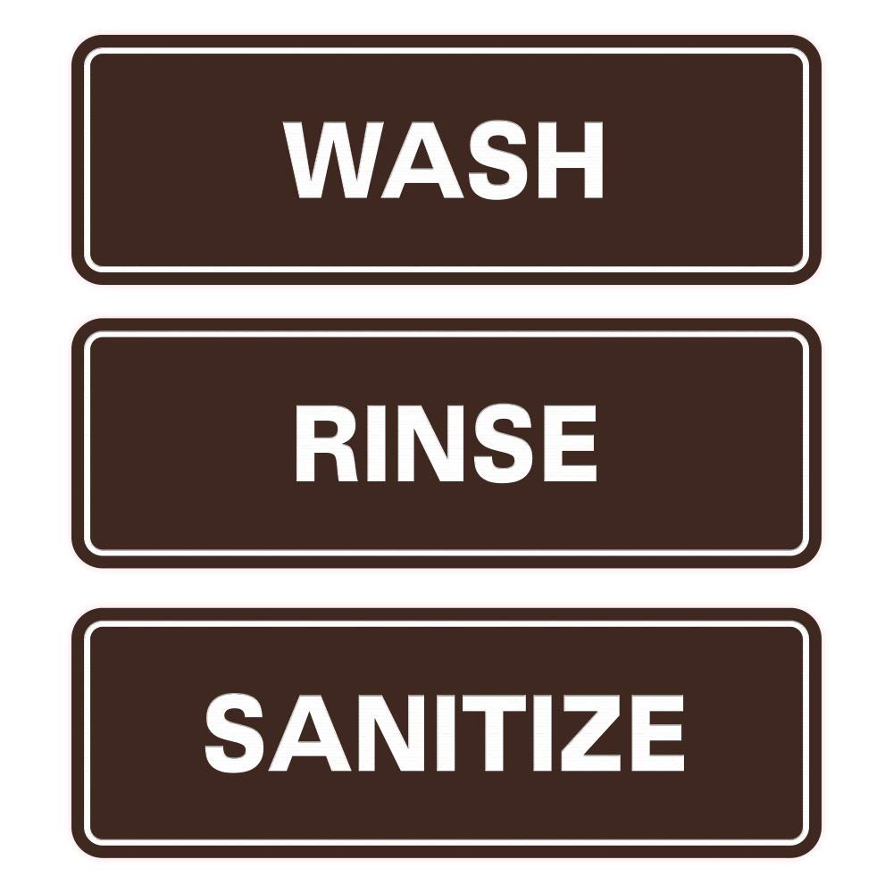 All Quality Standard WASH RINSE SANITIZE Set of 3 Bay Sink Signs - Dark Brown (Large) - Easy to Install - Restaurant & Commercial Kitchen Sink Signs