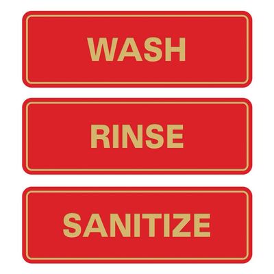 All Quality Standard WASH RINSE SANITIZE Set of 3 Bay Sink Signs - Restaurant & Commercial Kitchen Sink Signs - Easy to Install - Red/Gold (Large)