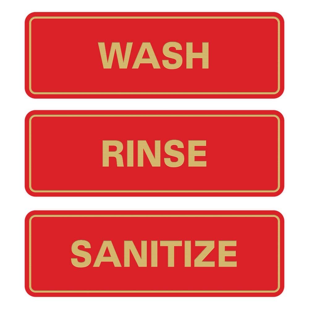 All Quality Standard WASH RINSE SANITIZE Set of 3 Bay Sink Signs - Restaurant & Commercial Kitchen Sink Signs - Easy to Install - Red/Gold (Large)