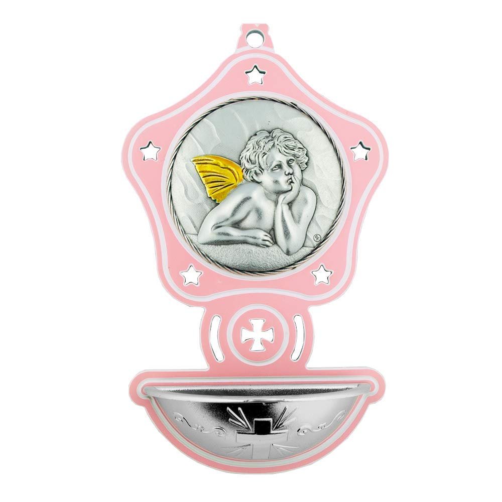 5" Girls Holy Water Font | Holy Angel Silver Plating | Beautiful Gold Accents for at Home Blessings | Christian Home Goods