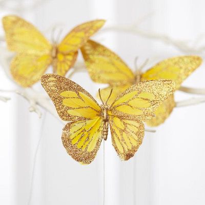 Factory Direct Craft Gold Glittered Feathered Artificial Butterflies