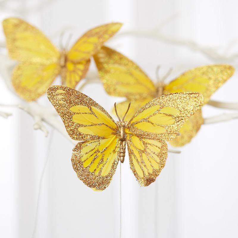 Factory Direct Craft Gold Glittered Feathered Artificial Butterflies