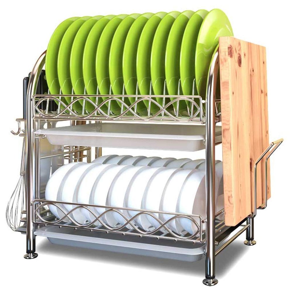 Dish Drying Rack Dish Drainer Stainless Steel Dish Drainers Racks with Drainboard Kitchen Stainless Steel Dish Drying Racks Plate Rack Knife Holder Attachment and Cutting Board Attachment 2 Tier
