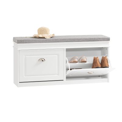 SoBuy White Storage Shoe Bench with 2 Flip Drawers, Hidden Shoe Bench, Free Standing Shoe Rack, Shoe Cabinet, Hallway Storage Bench with Seat Cushion FSR64-W
