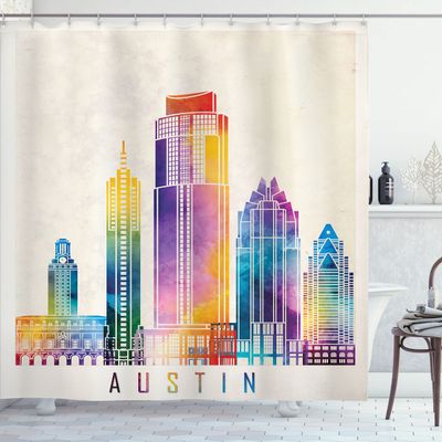 Ambesonne Austin Shower Curtain, Outlined Monuments Skylines of Texas Blended Rainbow Watercolor Ink Splatter Art, Cloth Fabric Bathroom Decor Set with Hooks, 69" W x 84" L, Ivory Multicolor