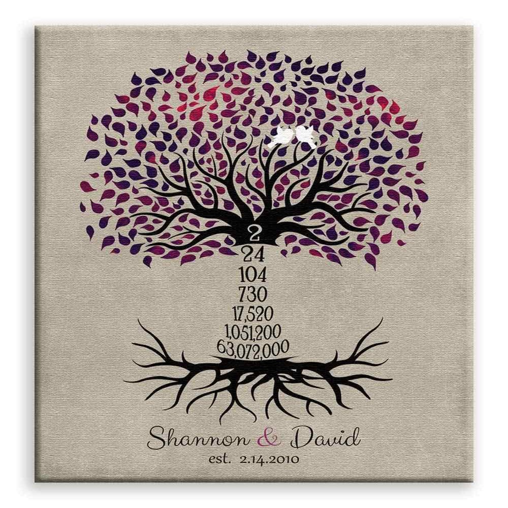 11x14 Mounted Canvas Art Print - 2nd Wedding Anniversary 2 Year Personalized Wedding Tree Love Birds Countdown - With Gift Wrapping LTC-C1431