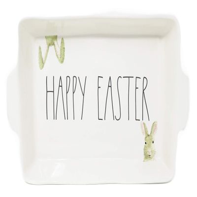 Rae Dunn HAPPY EASTER Ceramic LL 10 x 15 Baking Dish With Bunny Rabbits Icon Art