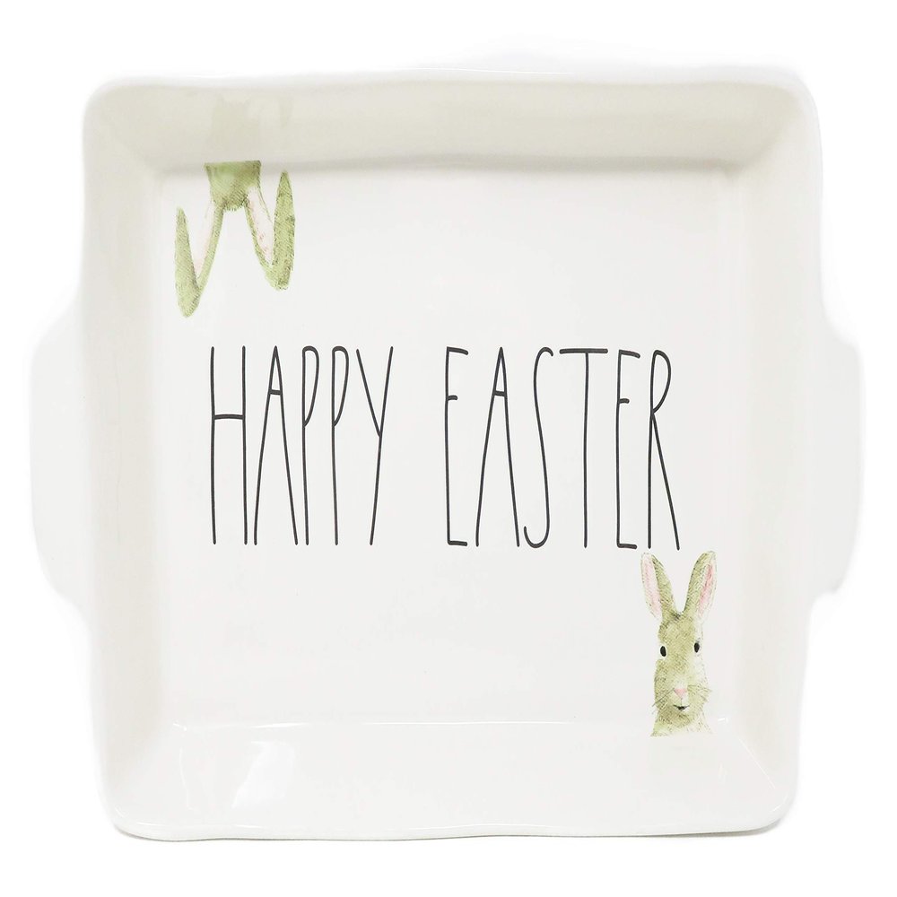 Rae Dunn HAPPY EASTER Ceramic LL 10 x 15 Baking Dish With Bunny Rabbits Icon Art