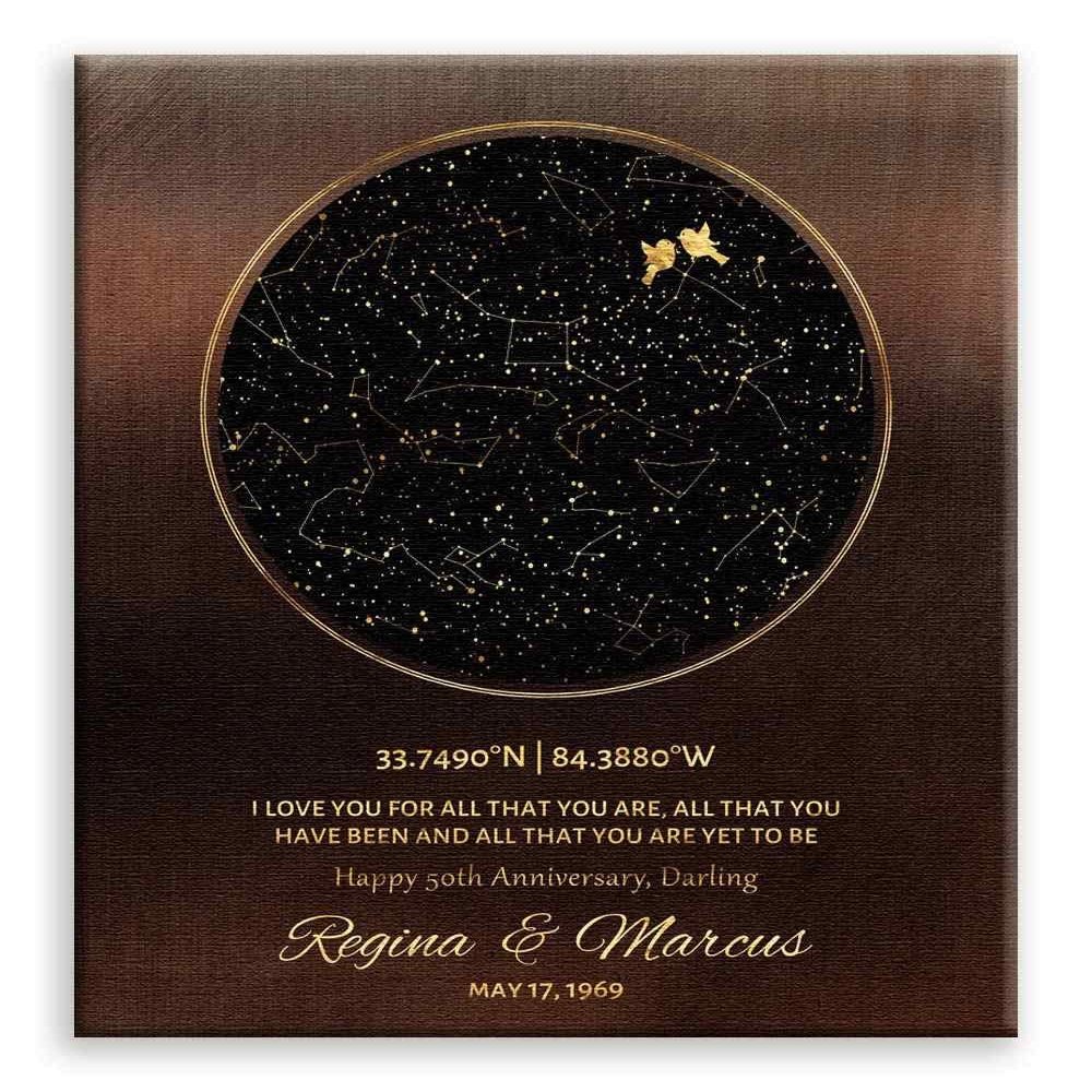 11x14 Mounted Canvas Art Print - 50th Anniversary, Custom Star Map, Constellation Art, Bronze and Gold, Golden Anniversary, Night Sky - With Gift Wrapping LTC-C1746
