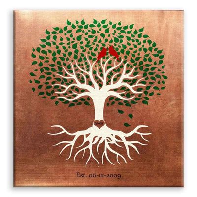 11x14 Mounted Canvas Art Print - Minimalist Tree Roots Green Canopy Red Cardinal Birds, 7 Year Anniversary - With Gift Wrapping LTC-C1398
