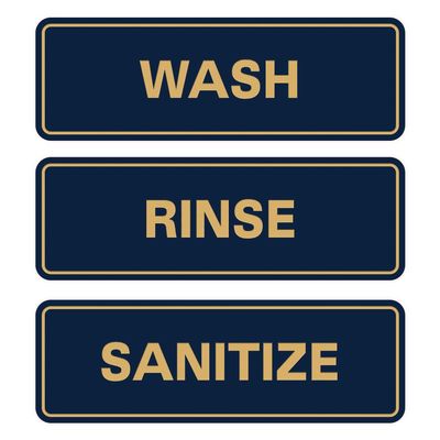 All Quality Standard WASH RINSE SANITIZE Set of 3 Bay Sink Signs - Restaurant & Commercial Kitchen Sink Signs - Easy to Install - Blue/Gold (Large)