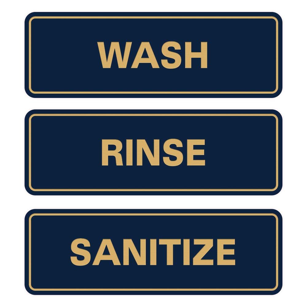 All Quality Standard WASH RINSE SANITIZE Set of 3 Bay Sink Signs - Restaurant & Commercial Kitchen Sink Signs - Easy to Install - Blue/Gold (Large)