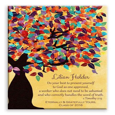 11x14 Mounted Canvas Art Print - Timothy 2:15 Personalized Watercolor Tree Gift for Teacher - With Gift Wrapping LTC-C1231