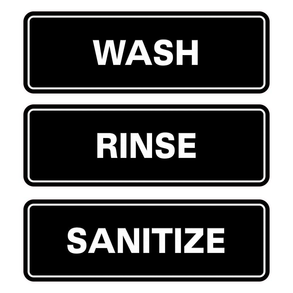 All Quality Standard WASH RINSE SANITIZE Set of 3 Bay Sink Signs - Restaurant & Commercial Kitchen Sink Signs - Easy to Install - Black (Large)