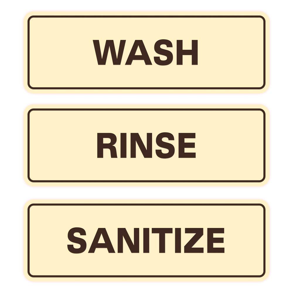 All Quality Standard WASH RINSE SANITIZE Set of 3 Bay Sink Signs - Restaurant & Commercial Kitchen Sink Signs - Easy to Install - Ivory/Dark Brown (Large)