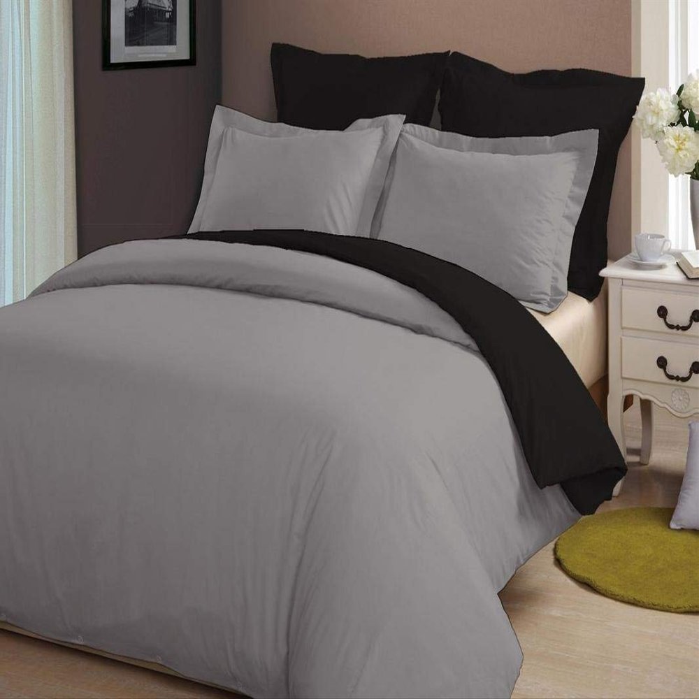 LINEN CLUB BEDDING Soft Luxurious 3-Piece Quilt Reversible Duvet Set with Corner Ties 100% Cotton 400 Thread Count Comforter Cover Set Solid (Twin/Twin XL, Silver & Black)