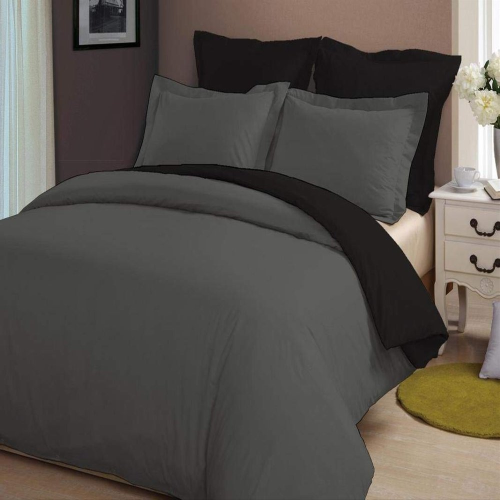 LINEN CLUB BEDDING Soft Luxurious 3-Piece Quilt Reversible Duvet Set with Corner Ties 100% Cotton 400 Thread Count Comforter Cover Set Solid (Twin/Twin XL, Dark Grey & Black)
