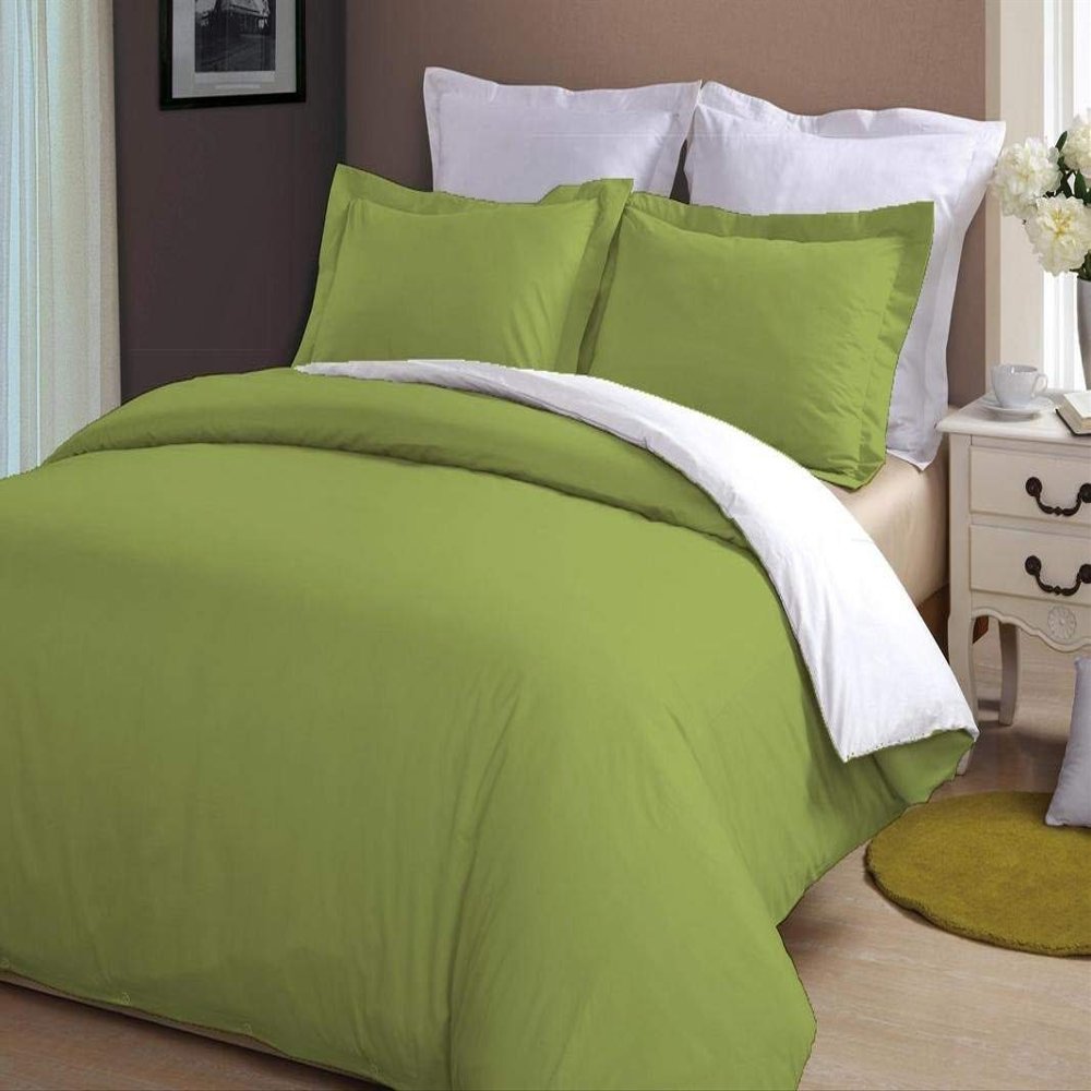 LINEN CLUB BEDDING Soft Luxurious 3-Piece Quilt Reversible Duvet Set with Corner Ties 100% Cotton 400 Thread Count Comforter Cover Set Solid (Twin/Twin XL, Olive & White)