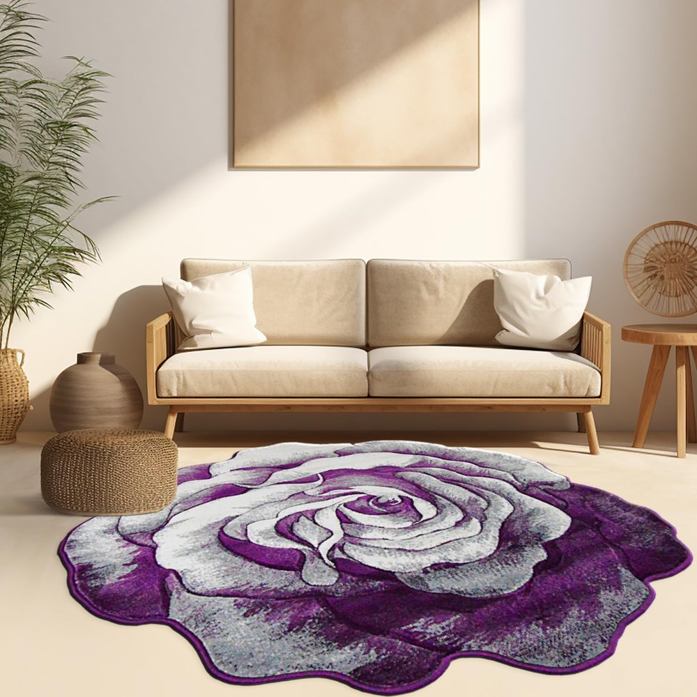 Rose Rug 2ft Round Area Rugs Cute Plush Flower Shaped Rug Circle Girly for Bedroom Floor Living Room Carpet 304 Purple