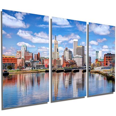 72 x 36 TOTAL - Providence, Rhode Island Skyline Metal Print wall art - 3 Panel split, Triptych. HD aluminum multi