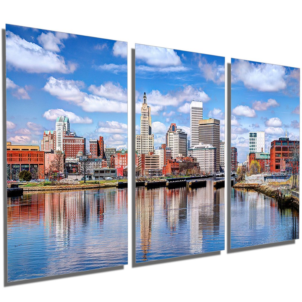 72 x 36 TOTAL - Providence, Rhode Island Skyline Metal Print wall art - 3 Panel split, Triptych. HD aluminum multi