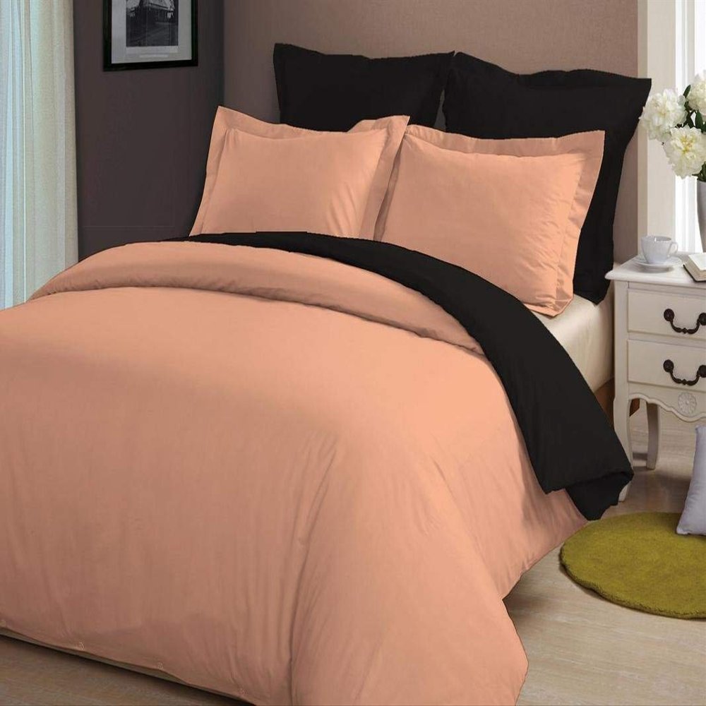 LINEN CLUB BEDDING Soft Luxurious 3-Piece Quilt Reversible Duvet Set with Corner Ties 100% Cotton 400 Thread Count Comforter Cover Set Solid (Twin/Twin XL, Peach & Black)