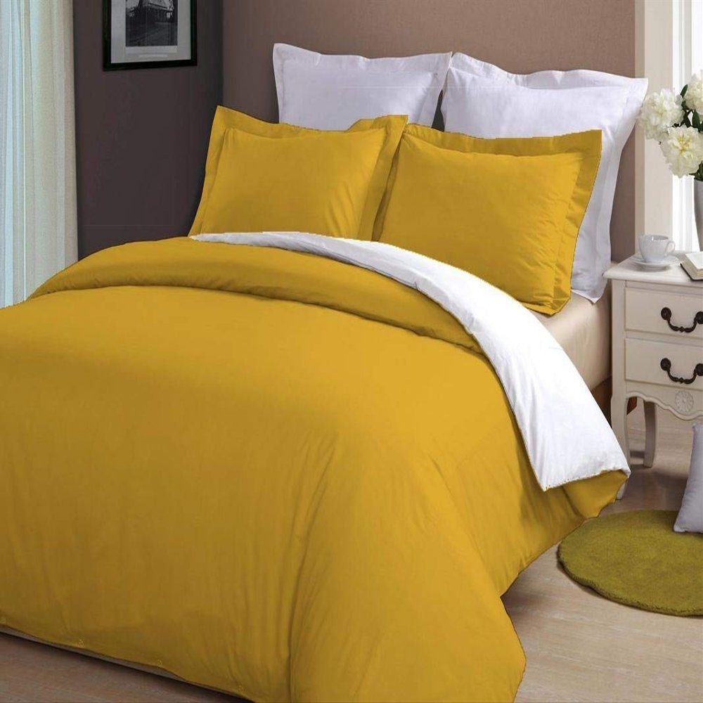LINEN CLUB BEDDING Soft Luxurious 3-Piece Quilt Reversible Duvet Set with Corner Ties 100% Cotton 400 Thread Count Comforter Cover Set Solid (Twin/Twin XL, Gold & White)