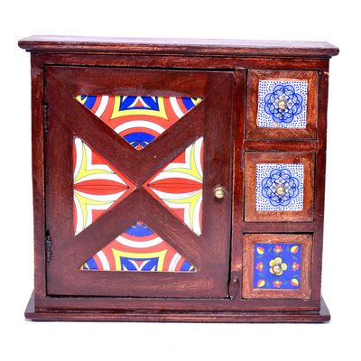 Eurasia Key Box Holder and Drawer Premium Quality Decorative Wooden Vintage Look Key Rack, Drawer Organizer Wood and Tiles Hand Carved Decorative Storage