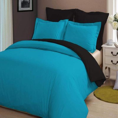 LINEN CLUB BEDDING Soft Luxurious 3-Piece Quilt Reversible Duvet Set with Corner Ties 100% Cotton 400 Thread Count Comforter Cover Set Solid (Twin/Twin XL, Turquoise Blue & Black)