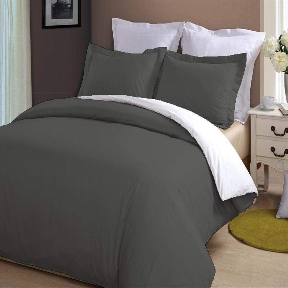 LINEN CLUB BEDDING Soft Luxurious 3-Piece Quilt Reversible Duvet Set with Corner Ties 100% Cotton 400 Thread Count Comforter Cover Set Solid (Twin/Twin XL, Dark Grey & White)
