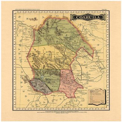 Antiguos Maps Estado Libre y Soberano de Coahuila de Zaragoza from Atlas Mexicano circa 1884 | Art Print Poster Vintage Wall Decor | 24 x 30 inches (610 x 762 mm)