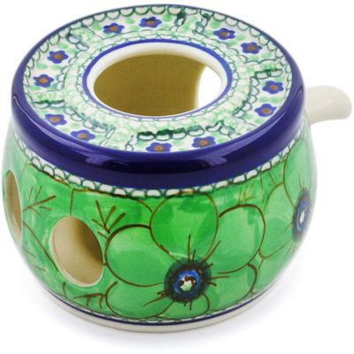 Polmedia Polish Pottery Heater UNIKAT - Green Pansies Pattern Handmade in Boleslawiec Poland by Ceramika Artystyczna + Certificate of Authenticity