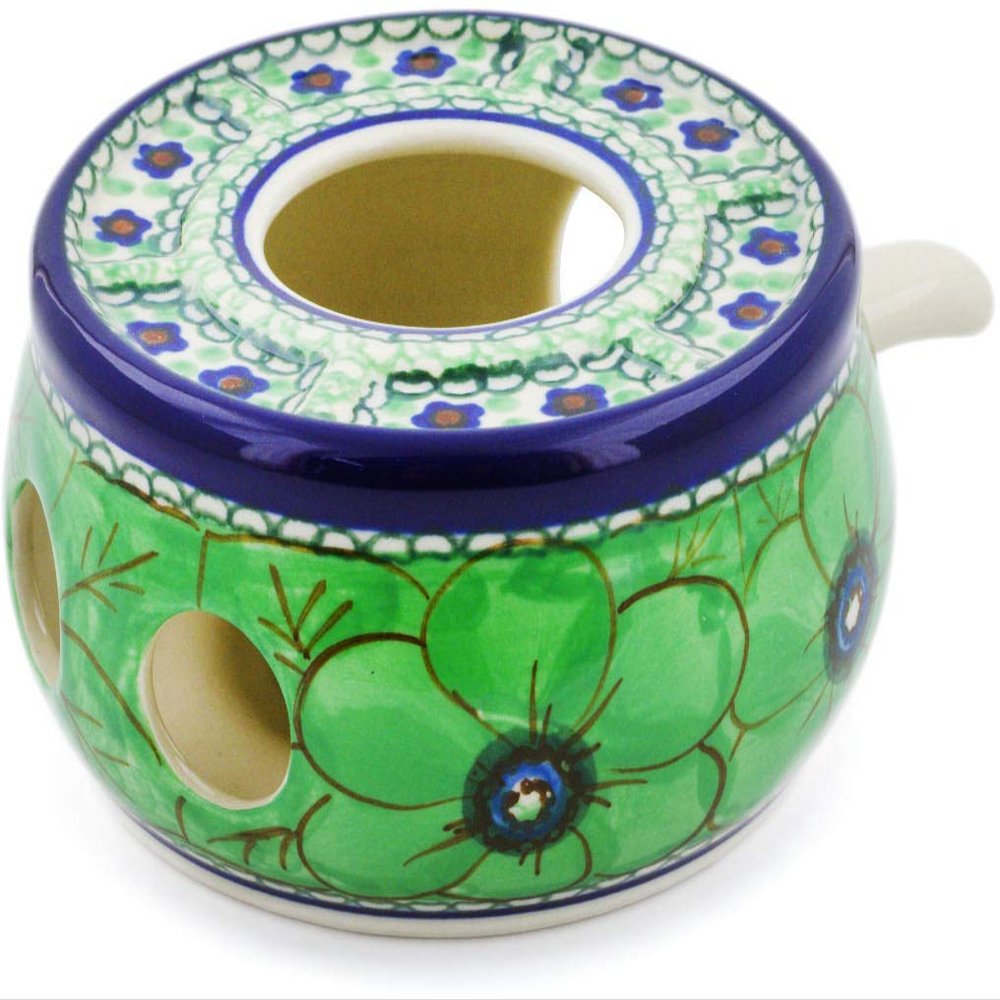 Polmedia Polish Pottery Heater UNIKAT - Green Pansies Pattern Handmade in Boleslawiec Poland by Ceramika Artystyczna + Certificate of Authenticity