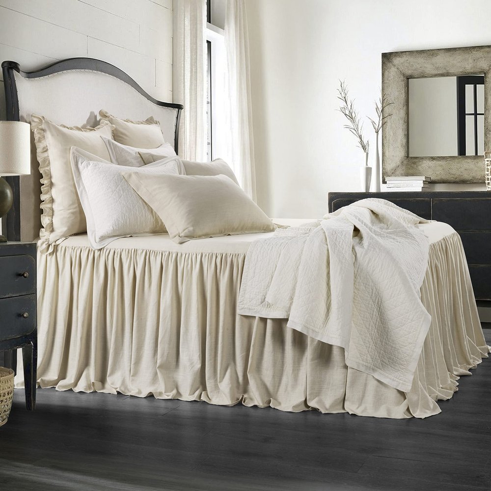 HiEnd Accents Luna Washed Linen 3 Piece Ruffle Skirt Bedspread Set with Pillow Shams, Light Tan Queen, Romantic Shabby Chic Farmhouse Style Bedding Cover Set, 1 Bed Spread and 2 Pillow Cases