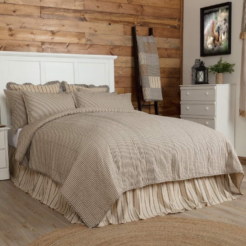 1 Piece King Farmhouse Chic Quilt Coverlet Dark Cream Coal Black Ticking Stripes Tan Bedding Solid Colors Soft Hand Quilting Coverlet Beautiful Shabby Chic Bedding Motif All Over Pattern