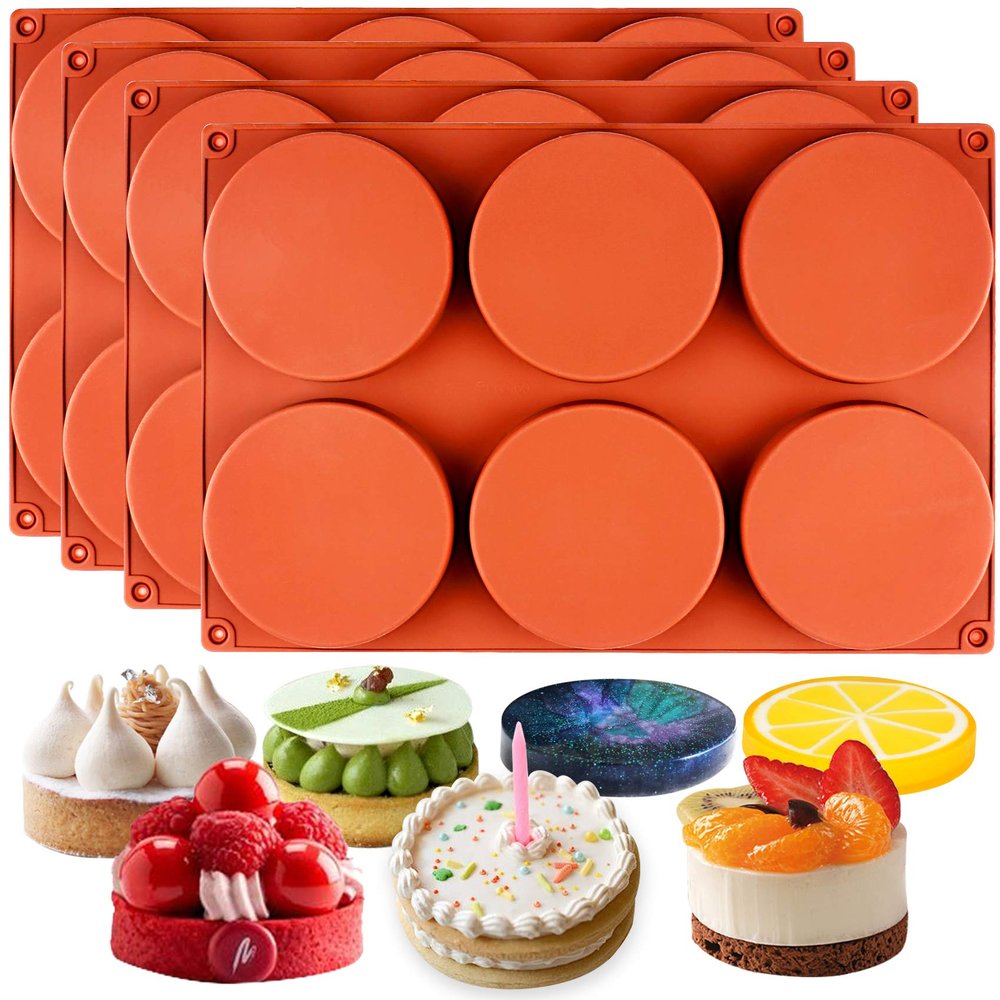 FUNSHOWCASE Round Disc Baking Silicone Mold 6-Cavity, 4inch, Circle Epoxy Resin Tray, 4-Bundle
