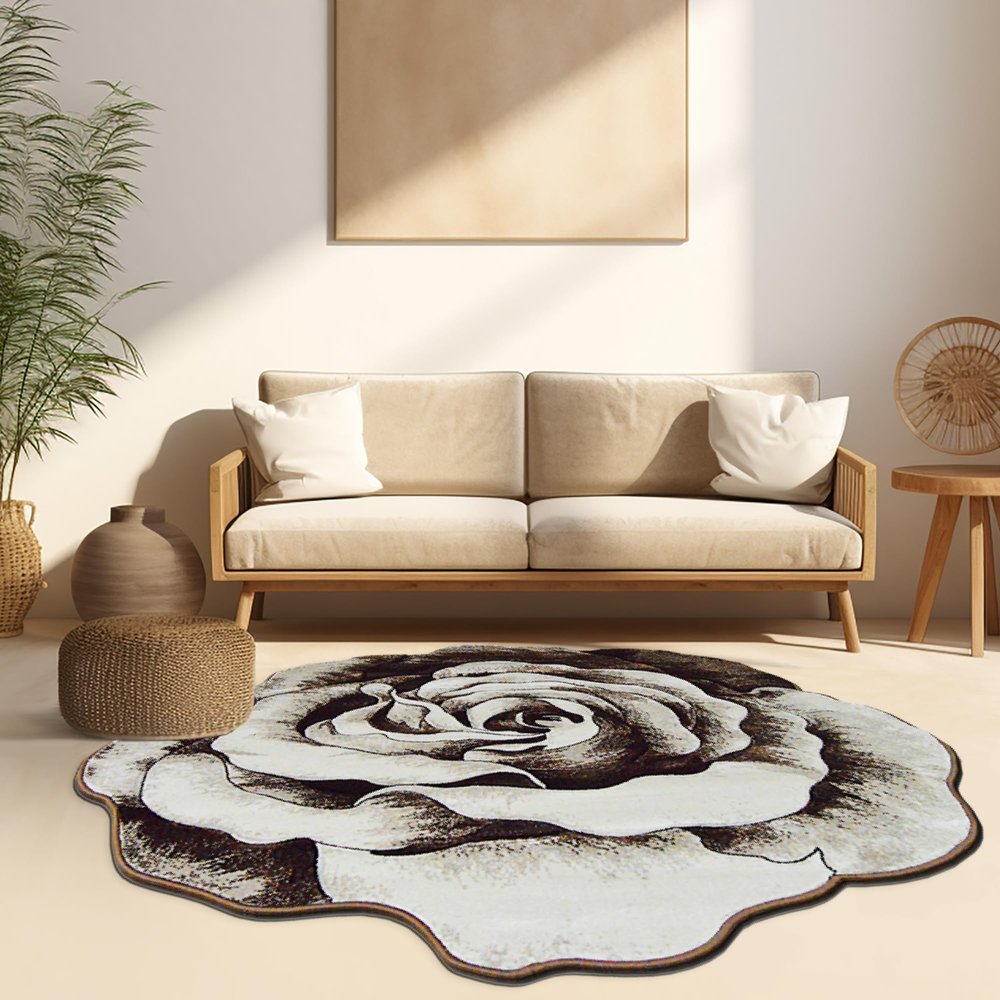 Rose Rug 2ft Round Area Rugs Cute Plush Flower Shaped Rug Circle Girly for Bedroom Floor Living Room Carpet 304 Brown