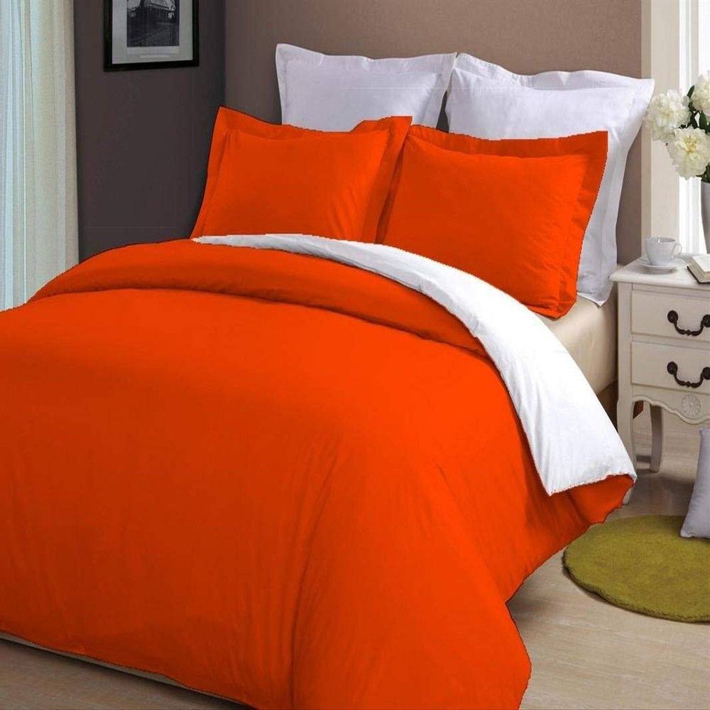 LINEN CLUB BEDDING Soft Luxurious 3-Piece Quilt Reversible Duvet Set with Corner Ties 100% Cotton 400 Thread Count Comforter Cover Set Solid (Twin/Twin XL, Orange & White)