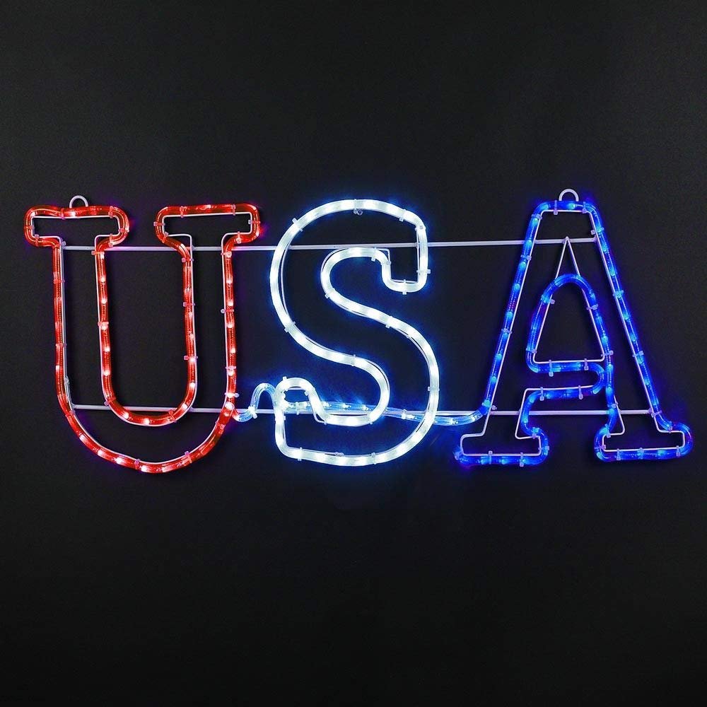 Novelty Lights LED USA Sign Rope Light Motif Sculpture, Red/White/Blue, 4th of July Decorations