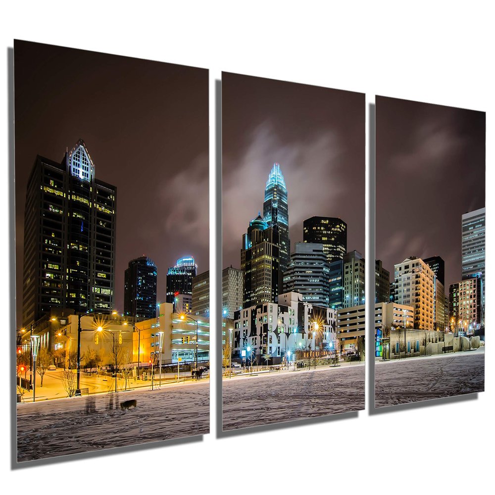 48 x 24 TOTAL - Charlotte, NC Skyline - Metal Print wall art. 3 Panel split, Triptych HD aluminum panels wall decor