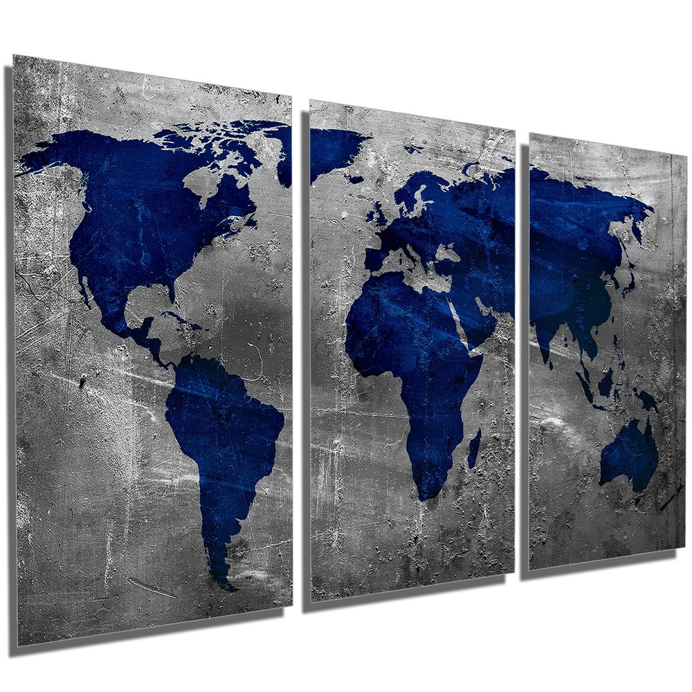 72 x 36 TOTAL - Sapphire Blue Word Map - Metal Print wall art. 3 Panel split, Triptych HD aluminum panels wall decor
